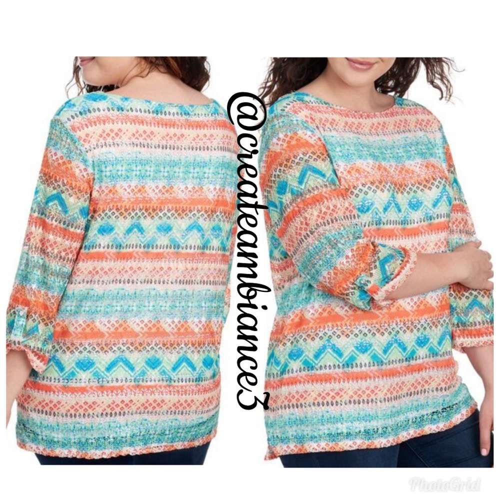 Batik Stripe Crochet Sleeve Top